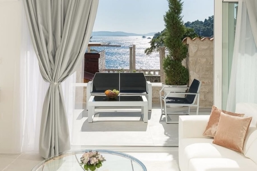 Terrace with lounge area and sea view in Hvar