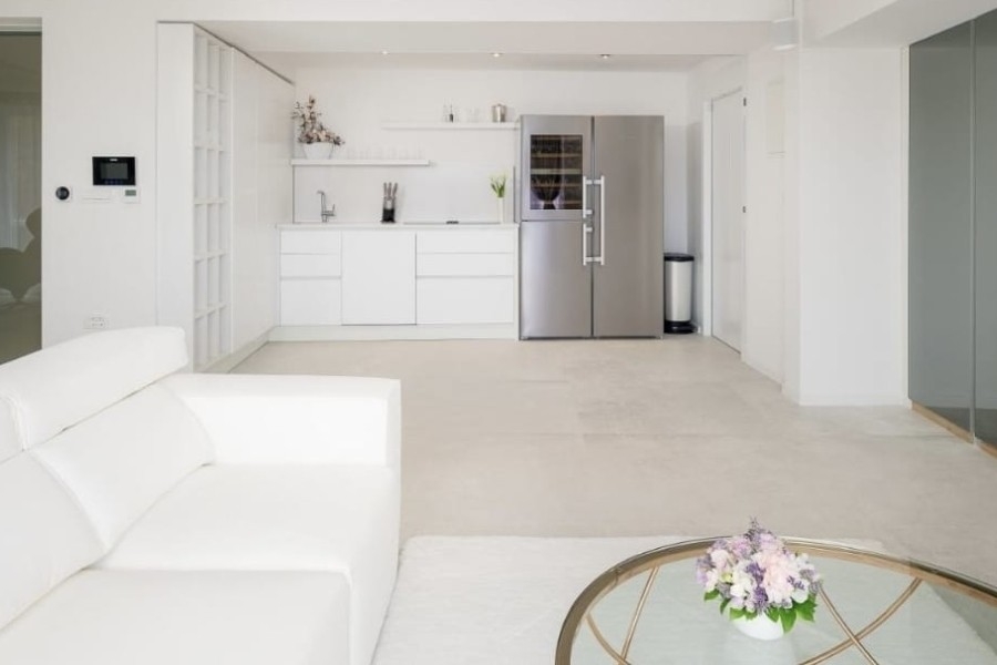 Open kitchen with white sofa