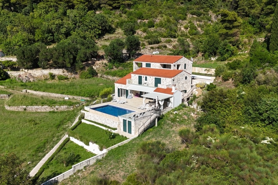 Aerial view of a villa with a pool on Lopud island in Croatia
