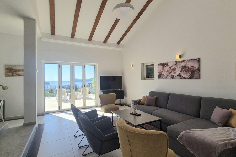 Living room with sofa and sea view