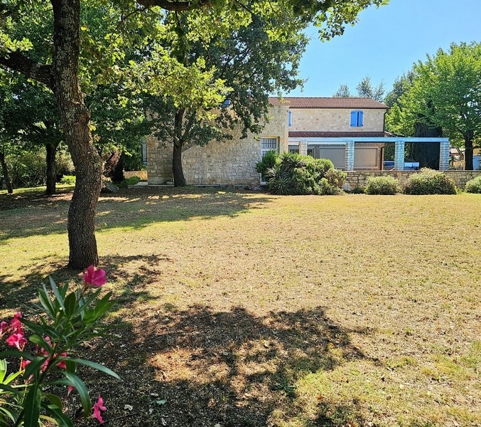 Garden with old trees in front of the house