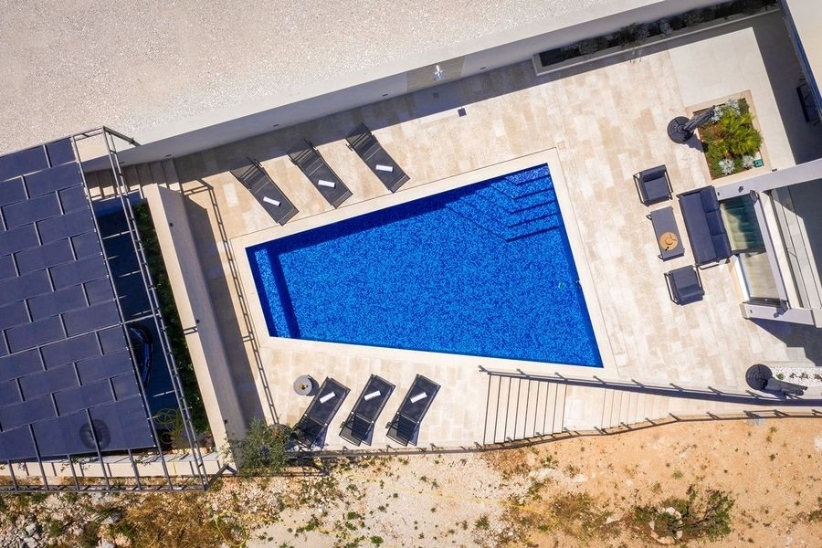 Aerial view of the villa's pool and sun terrace