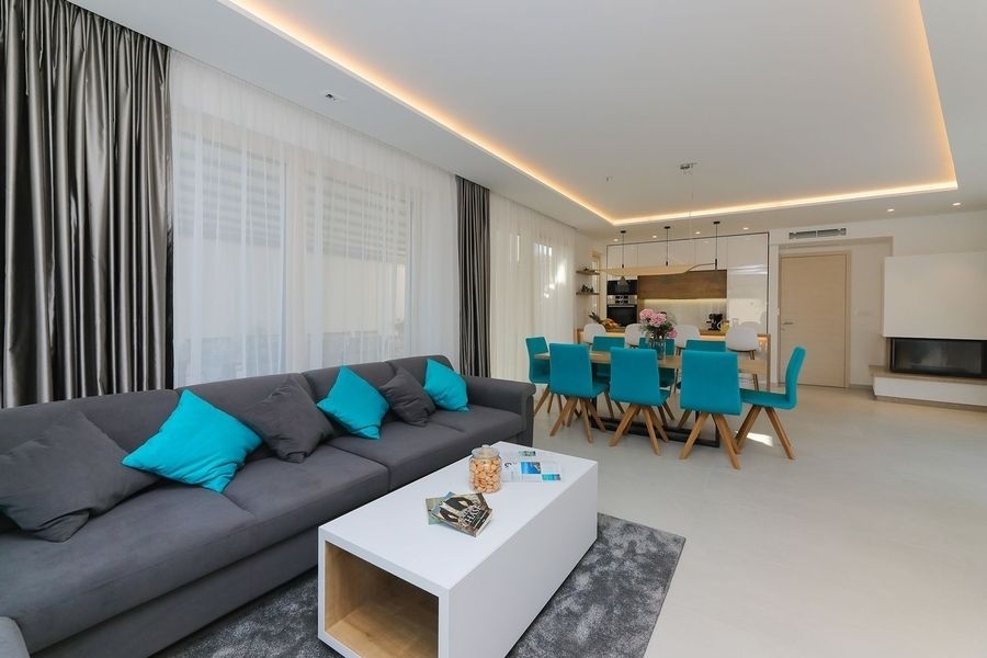 Living room with sofa and dining area