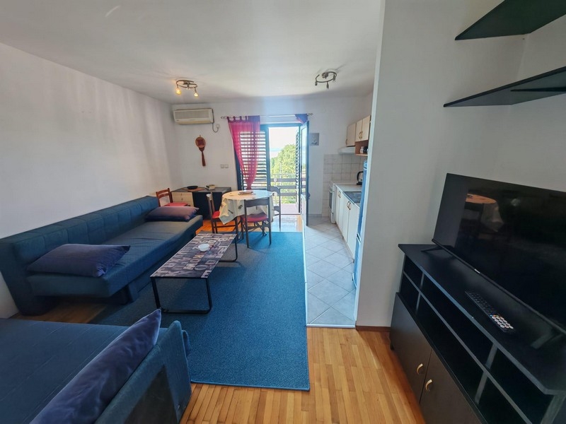 Living area with sofas and kitchen
