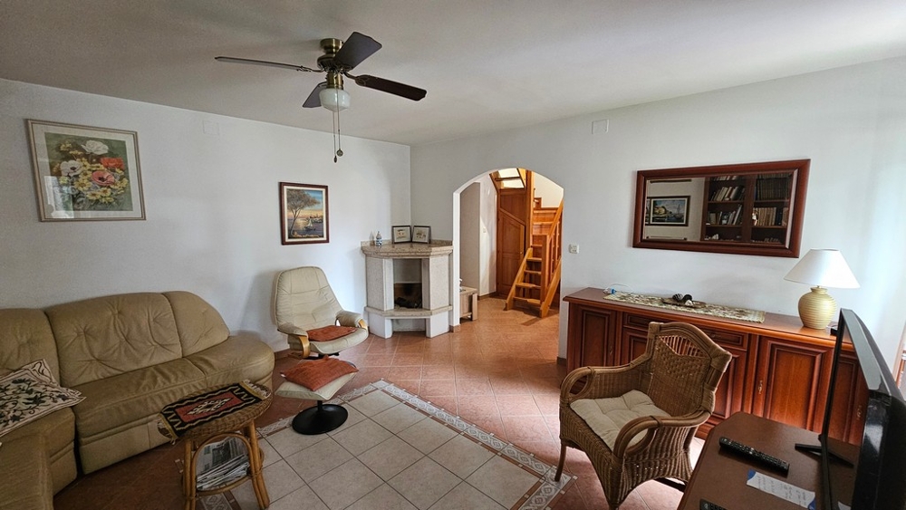 Living room with fireplace and seating area