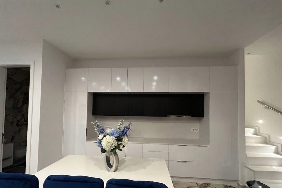 Living area with built-in furniture