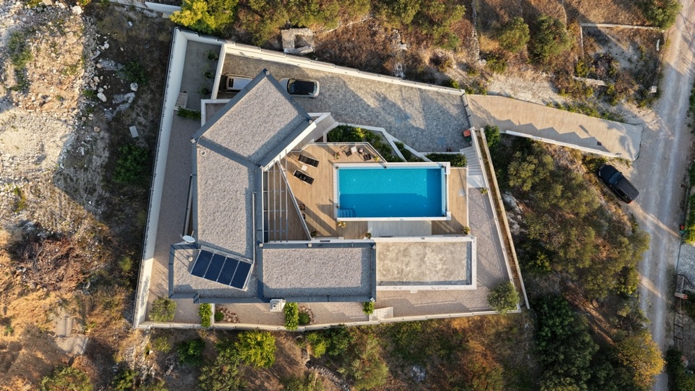 Villa with pool and grounds from a bird's eye view
