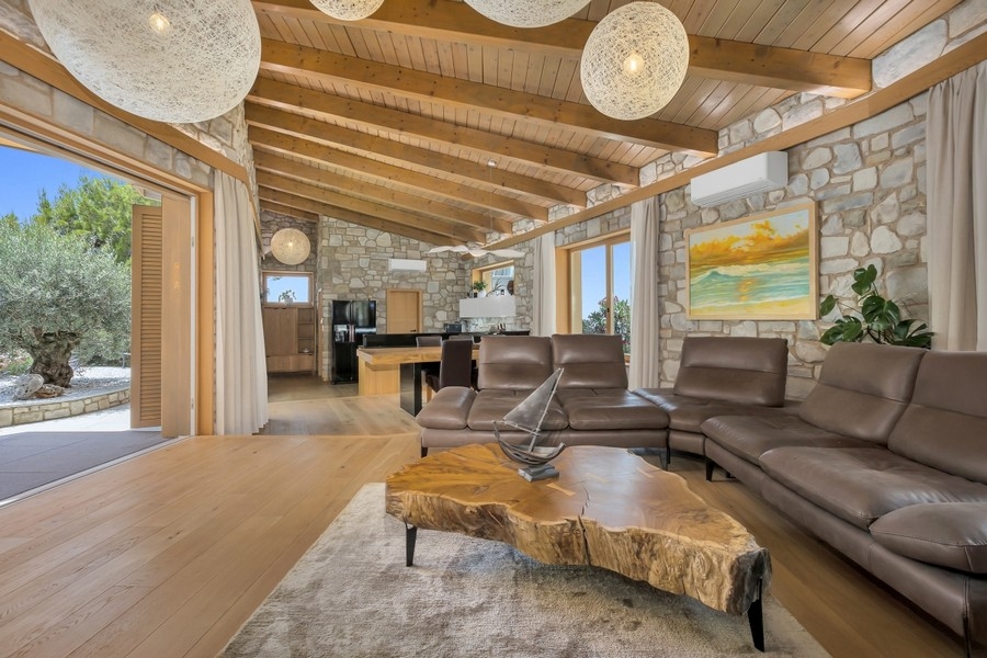 Living area with leather sofa and wooden ceiling