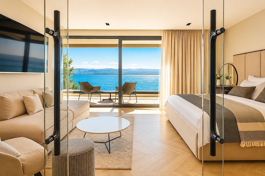 Suite with a seating area and sea views