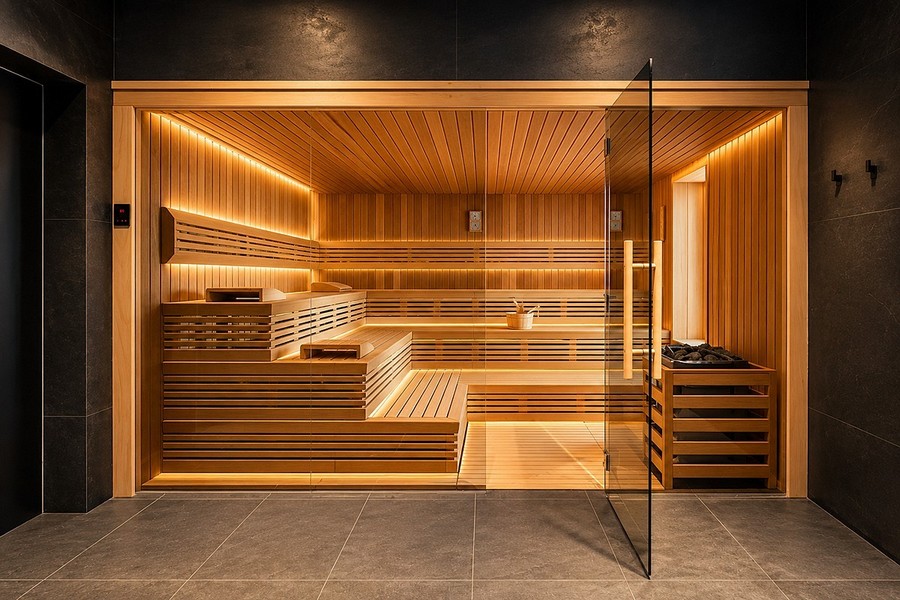 Sauna with wooden paneling