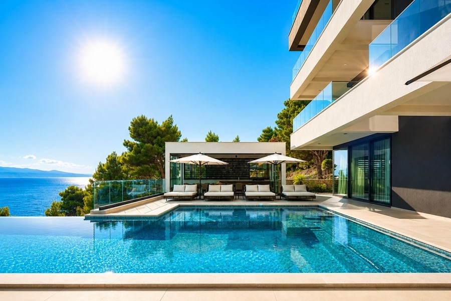 Infinity pool with sundeck at the villa