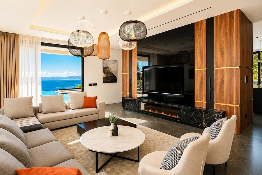 Living area with modern furnishings and sea views