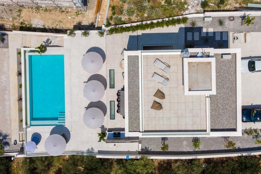 Aerial view of villa and pool terrace