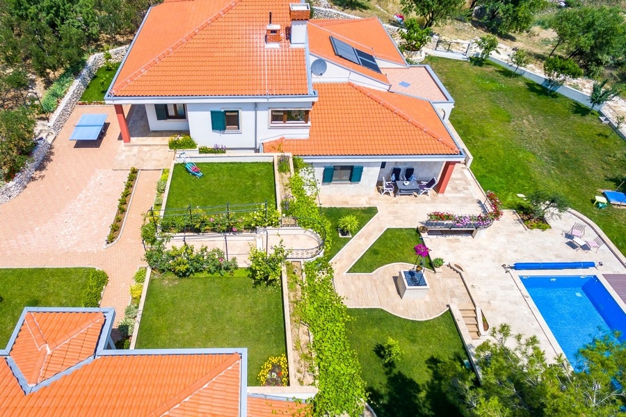 View from above of the main house and garden