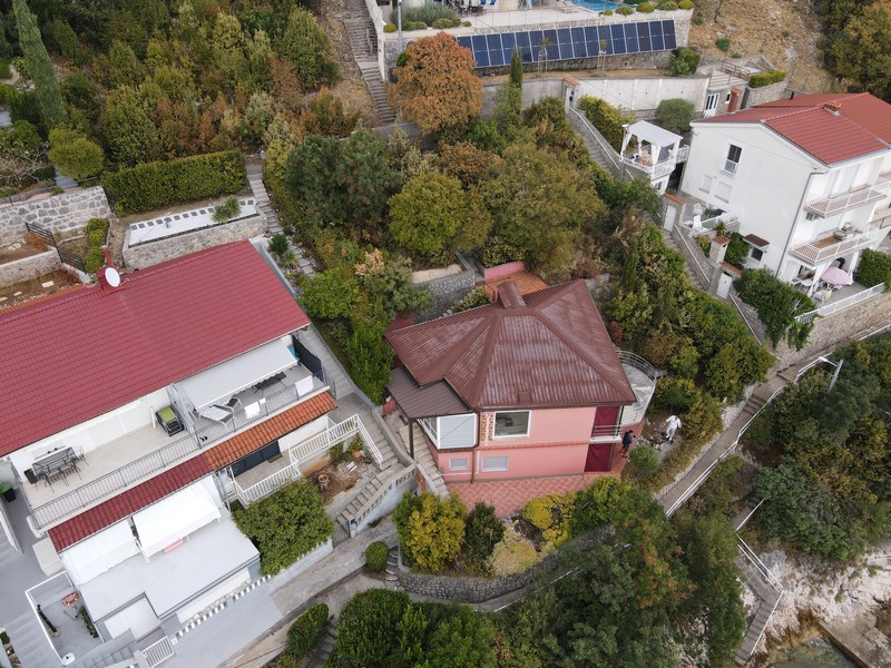 Aerial view of the house and property