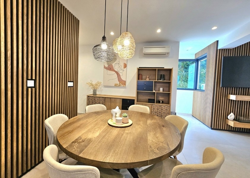 Dining area with round wooden table