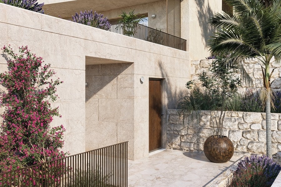 Entrance to the villa with Mediterranean plants