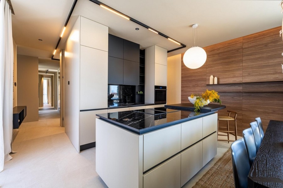 Kitchen island with dark stone top and wooden wall