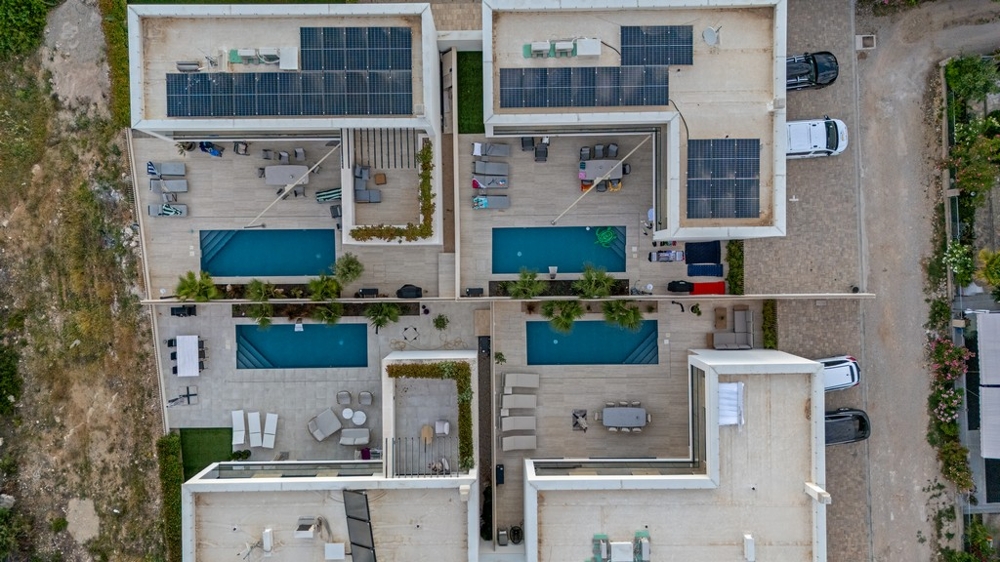 Aerial view of new build villas with pools in Tribunj Croatia