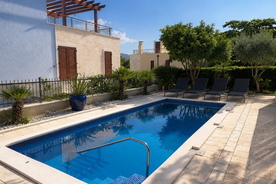 Swimming pool with sun loungers in the courtyard of the villa on Brac