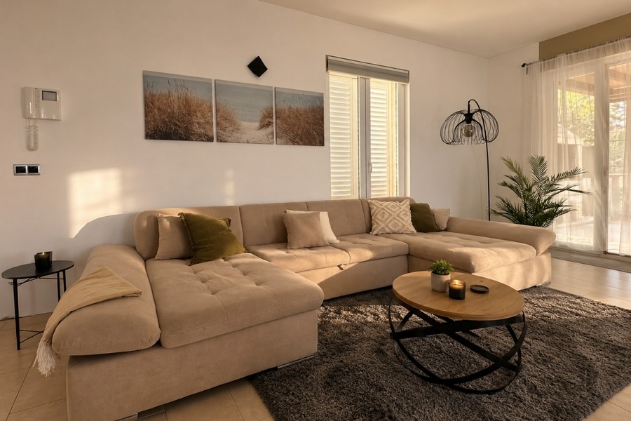 Sitting area in the living room with access to the terrace