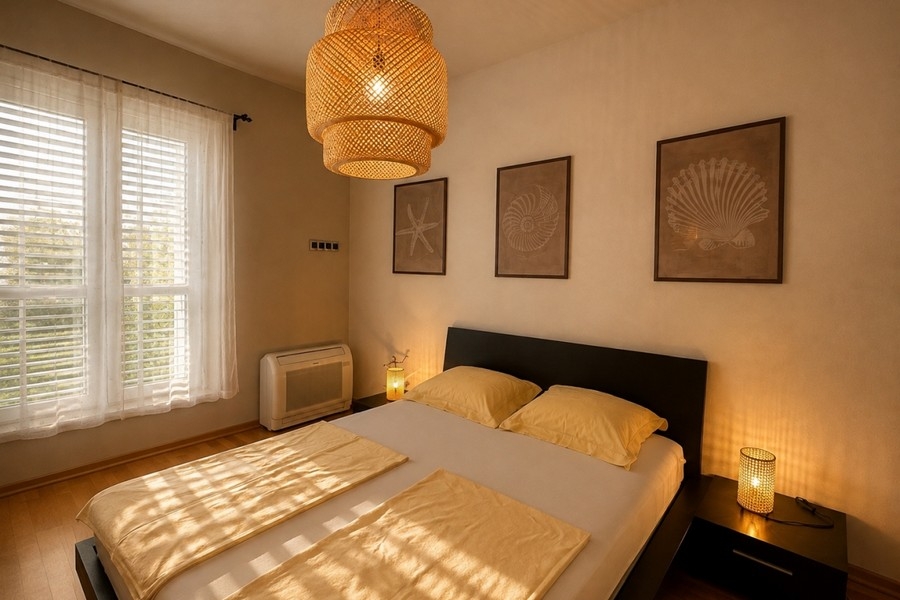 Bedroom with double bed and air conditioning