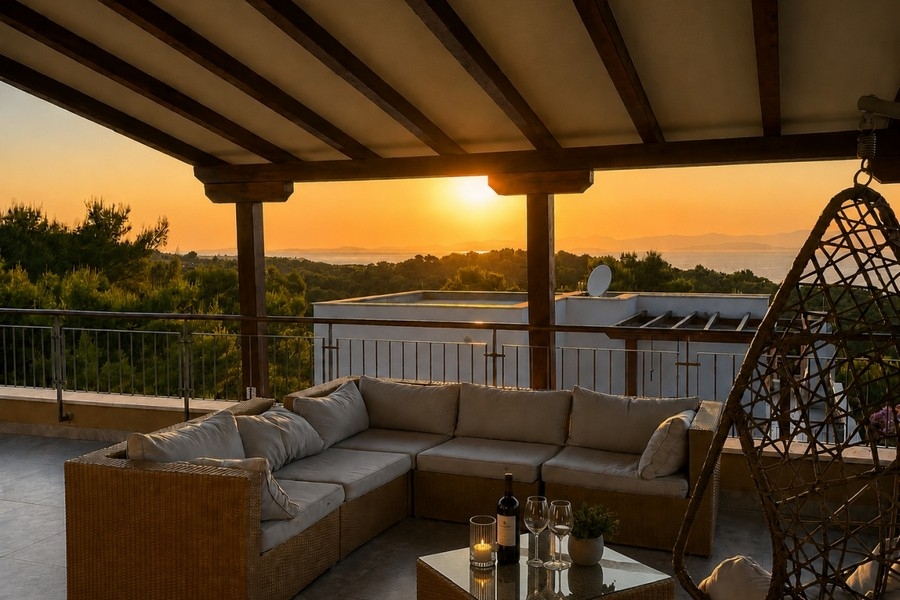 Roof terrace with lounge furniture at sunset over the sea