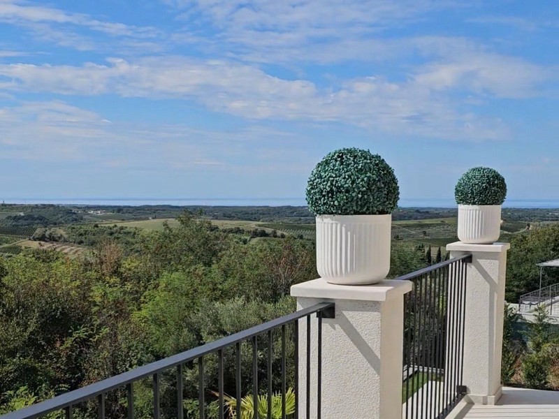 View from the balcony over vineyards and hills to the sea