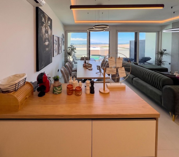 Kitchen with counter and view into the living area