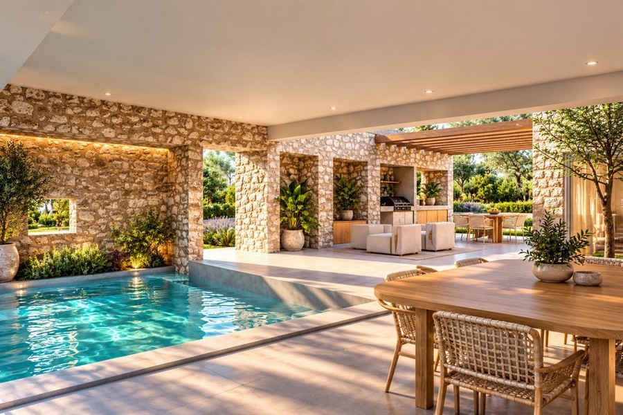 Covered terrace with poolside dining area