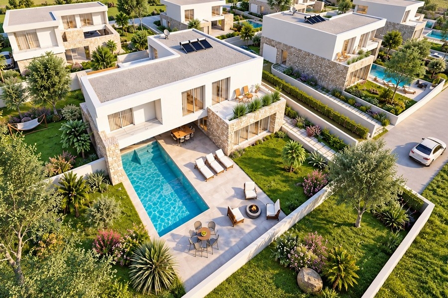 Aerial view of the villa with pool and sun terrace