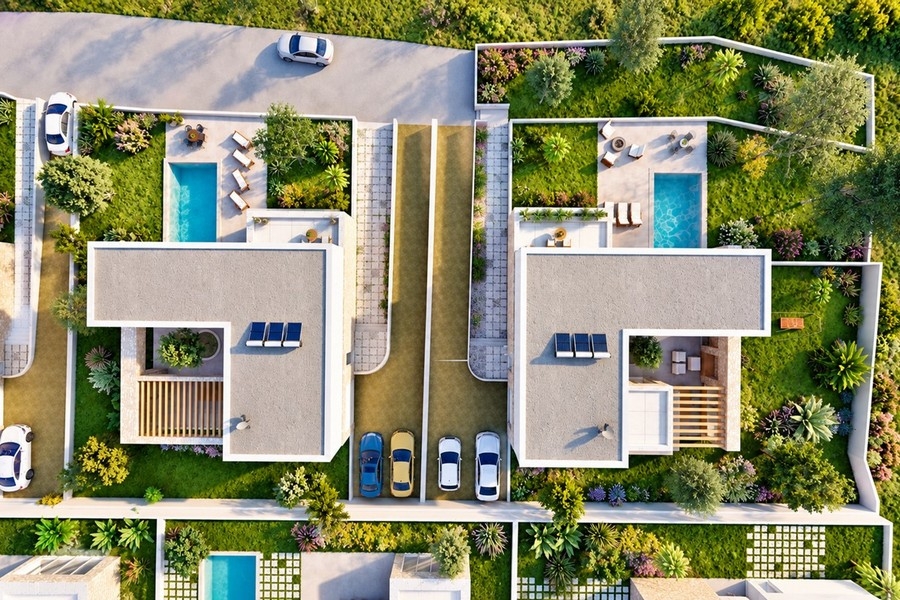 Top view of the complex's villas with parking spaces
