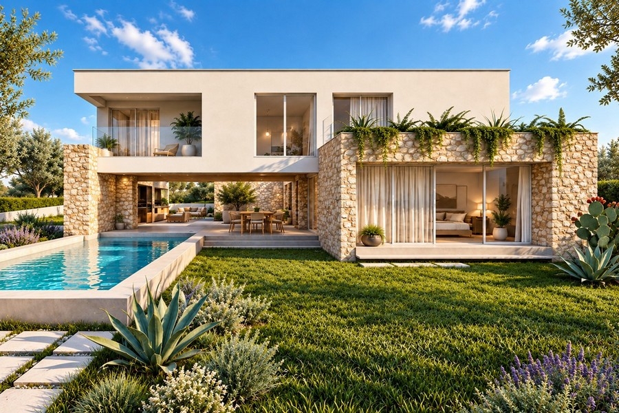 Visualization of the villa with pool and lawn