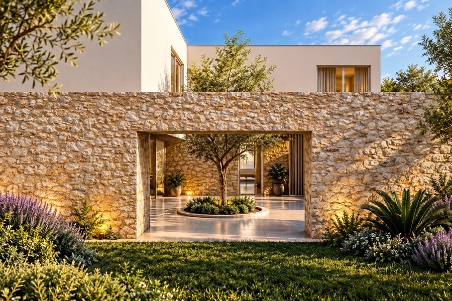 Natural stone facade with inner courtyard of the villa