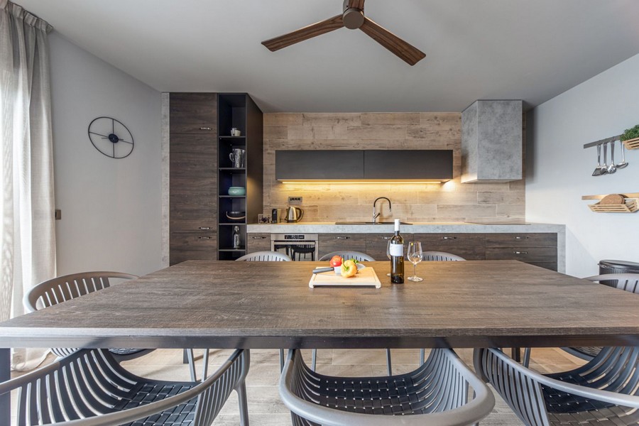 Modern kitchen with large dining table