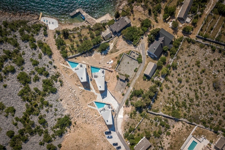 Aerial view of the three villas from above