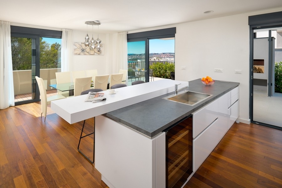 Kitchen with cooking island and access to the terrace