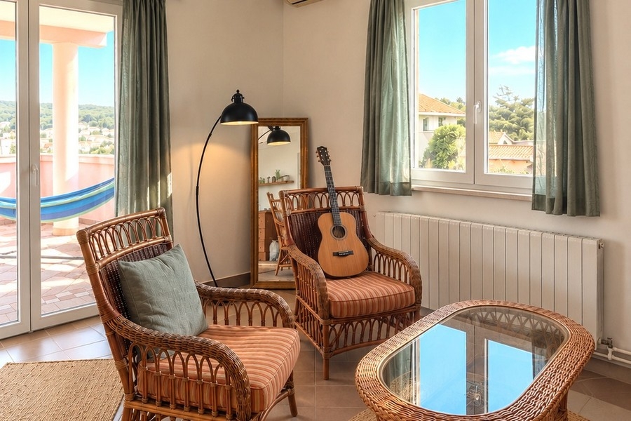 Living area with rattan armchairs and view outside