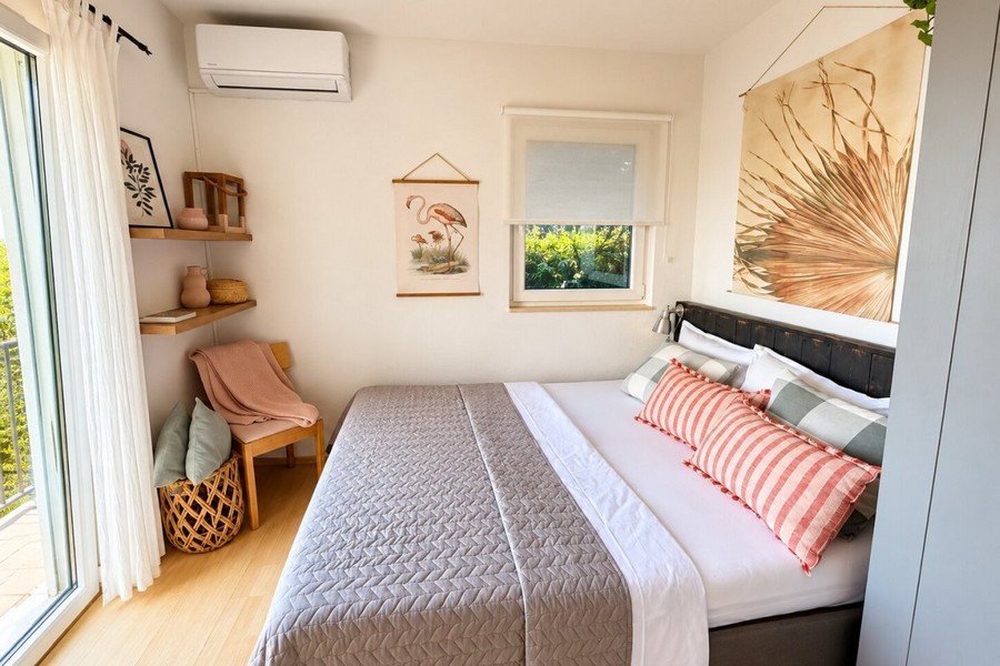 Bedroom with double bed and window to the garden