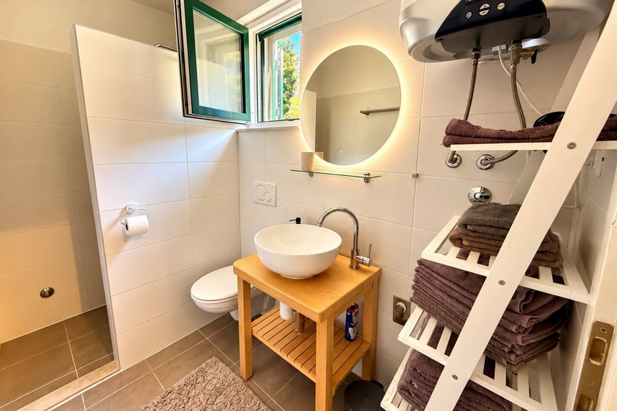 Bathroom with vanity and towel ladder