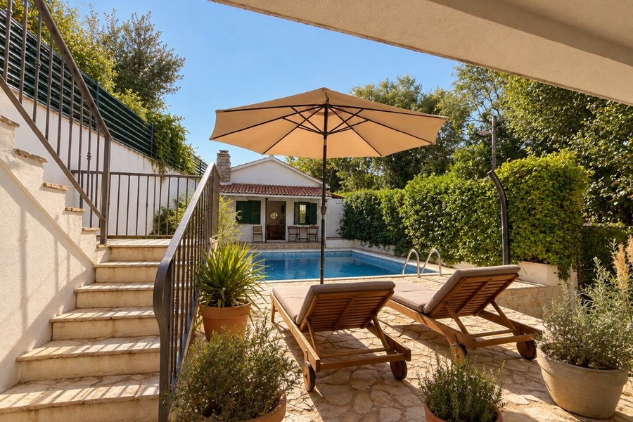 Heated pool with sunbeds and stairs to the house