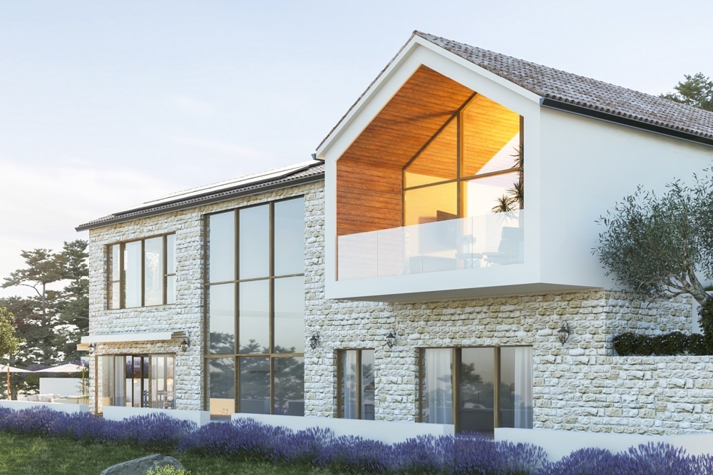 Exterior view of the villa with balcony and glass front