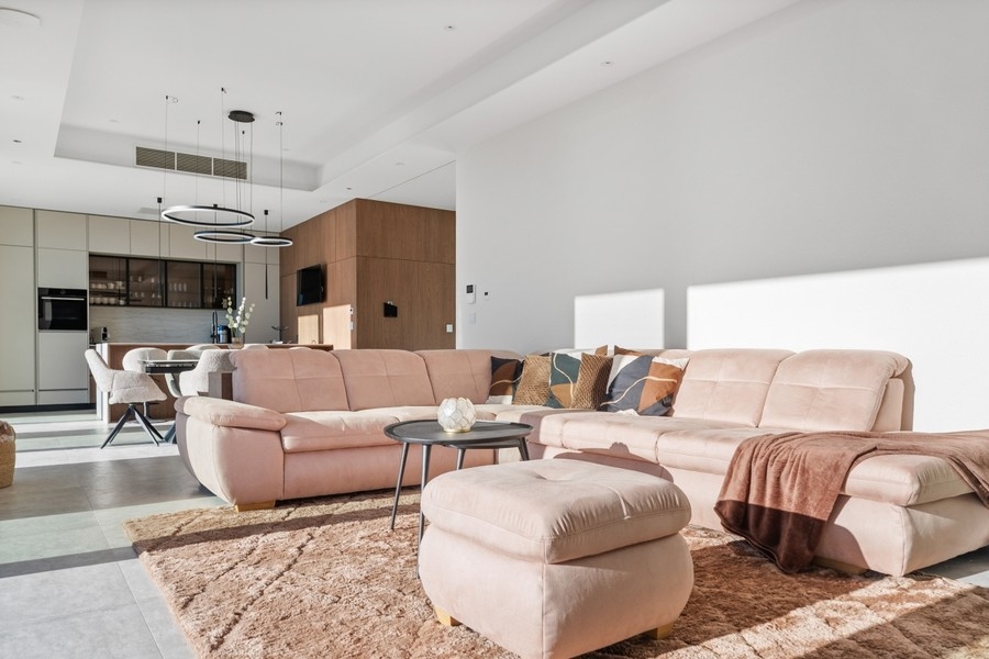 Open living area with sofa and kitchen
