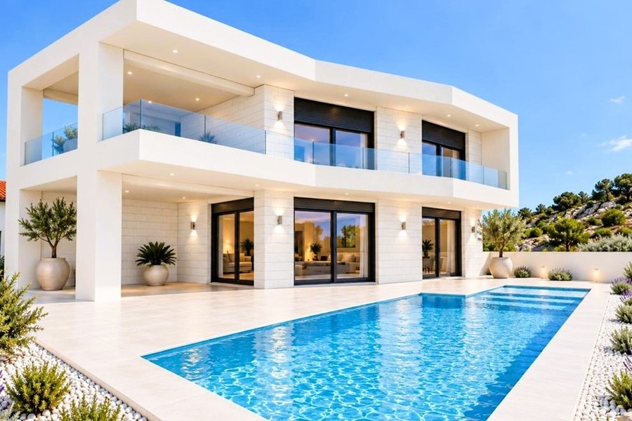 Newly built villa with pool and sea views near Rogoznica