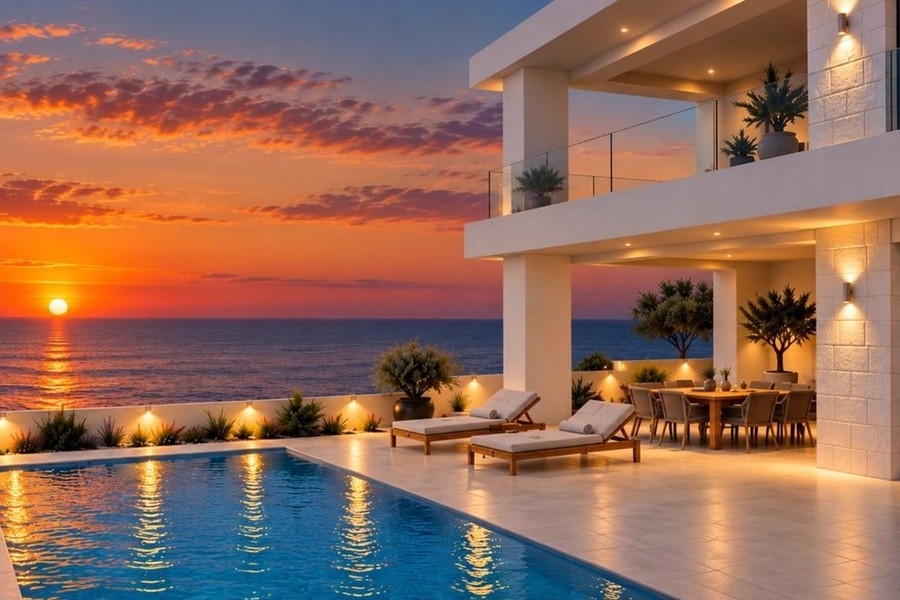 Visualization of the villa with pool at sunset