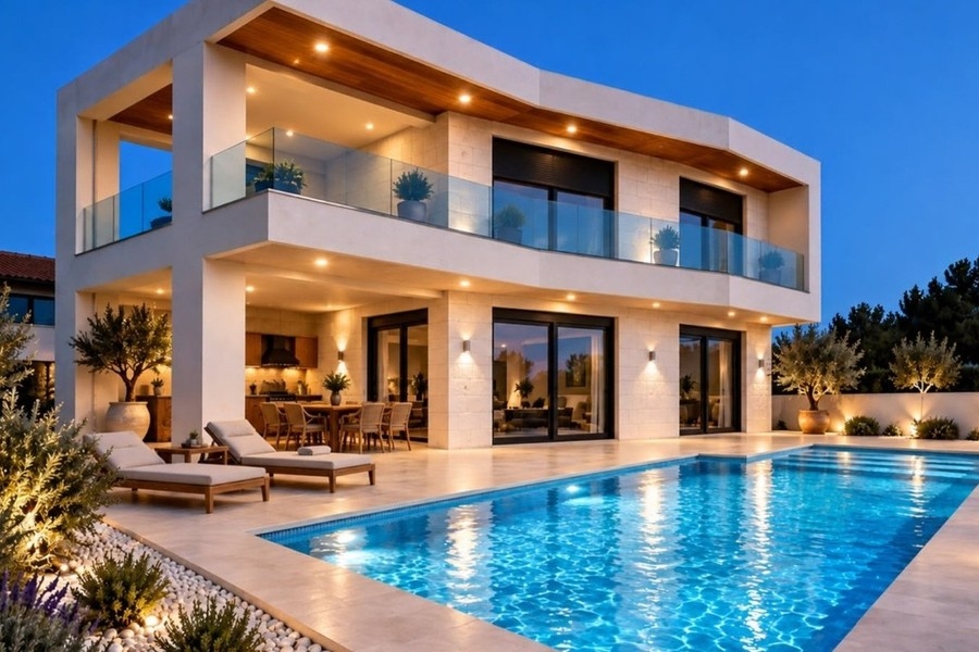 Visualization of the pool terrace in the evening