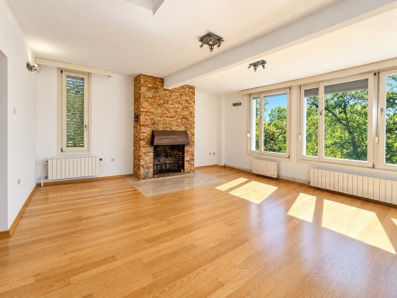 Living room with fireplace and parquet floors