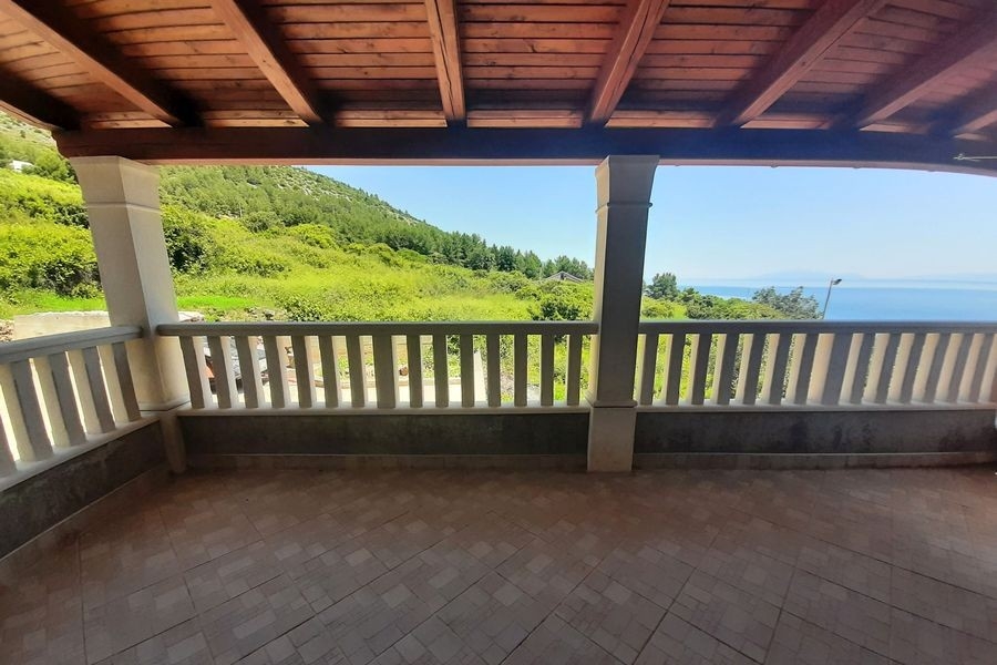 Covered patio with bay views