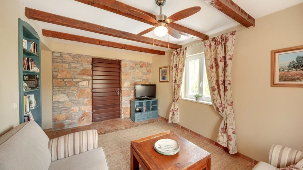 Living room with stone wall and television