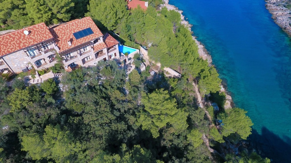 House with pool in the pine forest from above
